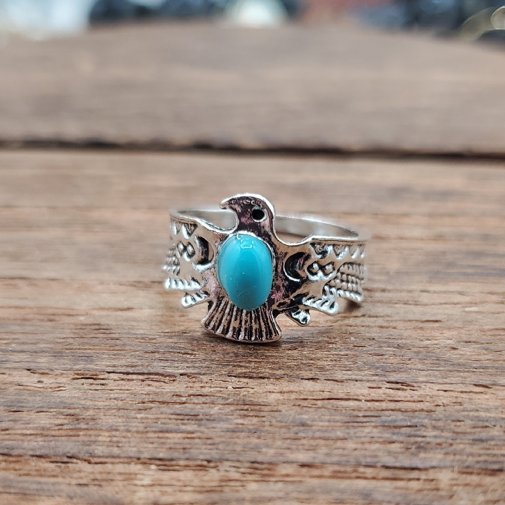 Silver Tone Thunderbird Ring with Turquoise Stone Women Jewelry Size 6 R822